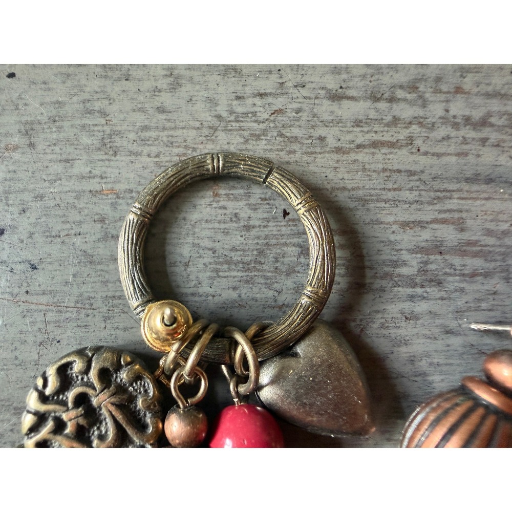 Boho vintage Metal Charm Hoop Earrings Bronze Copper Heart Filigree Red Bead - Picture 3 of 4